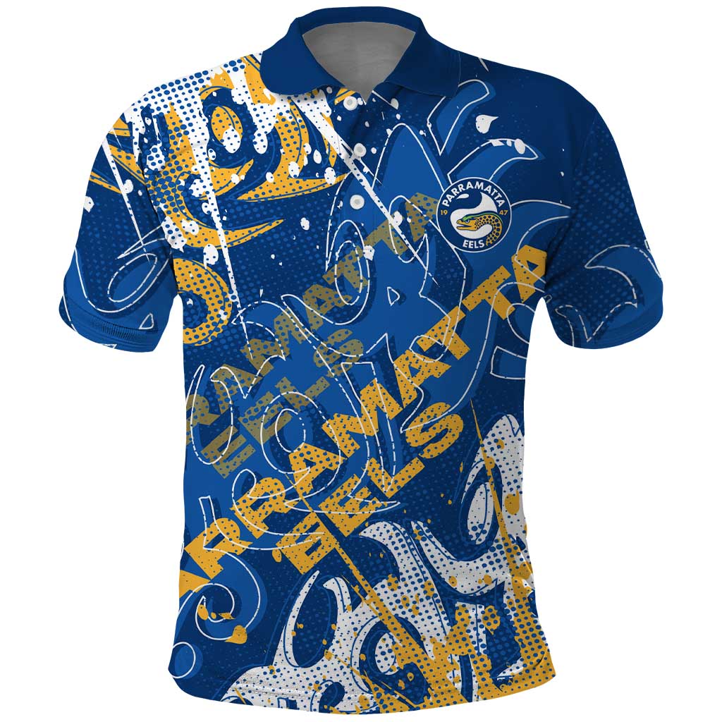 Personalized Parramatta Eels Rugby Polo Shirt Urban Street Graffiti Style - Distressed Splatter Elements