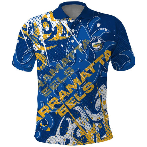 Personalized Parramatta Eels Rugby Polo Shirt Urban Street Graffiti Style - Distressed Splatter Elements
