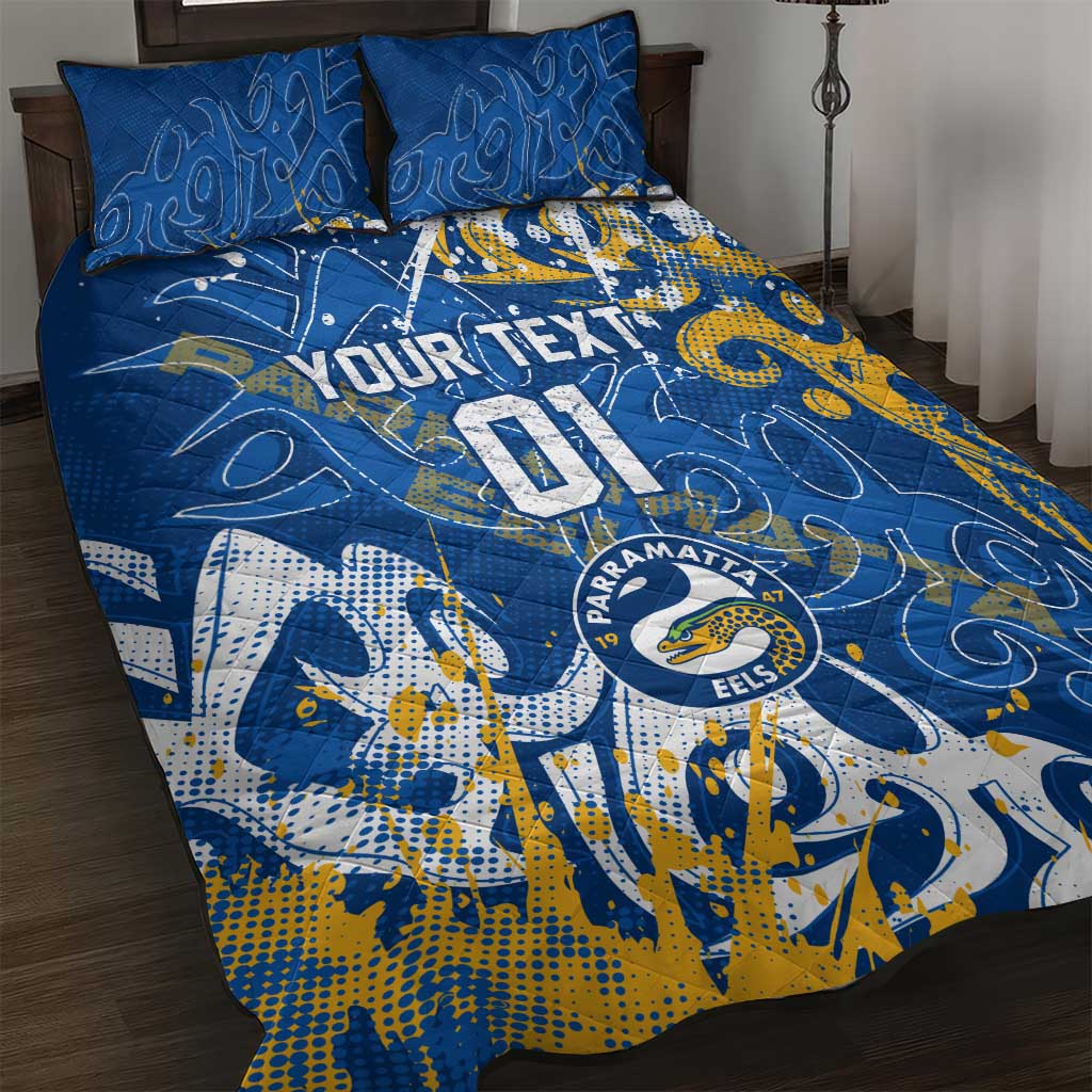 Personalized Parramatta Eels Rugby Quilt Bed Set Urban Street Graffiti Style - Distressed Splatter Elements