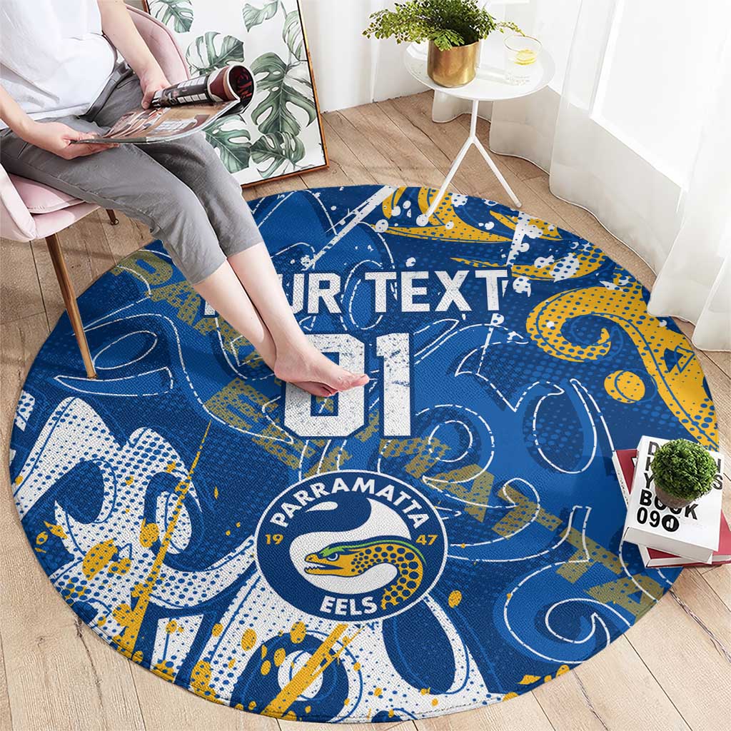Personalized Parramatta Eels Rugby Round Carpet Urban Street Graffiti Style - Distressed Splatter Elements