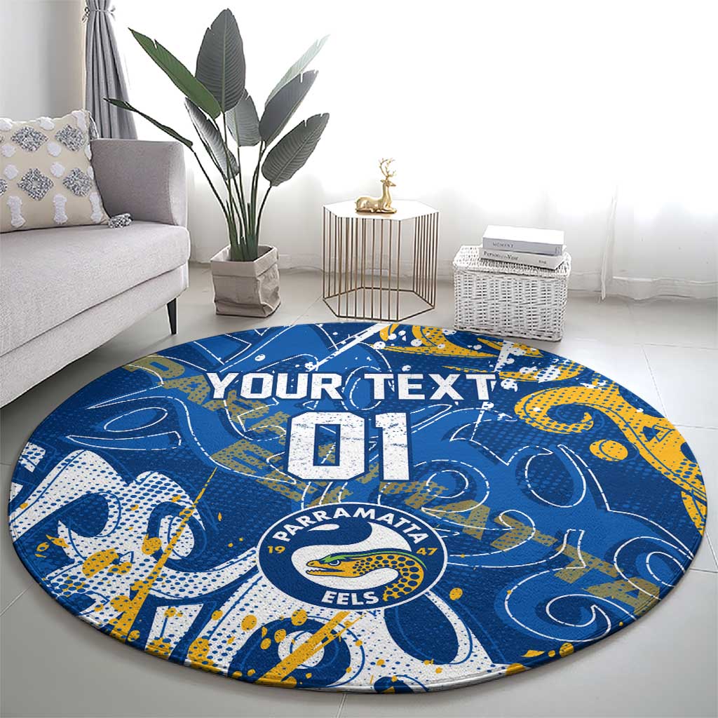 Personalized Parramatta Eels Rugby Round Carpet Urban Street Graffiti Style - Distressed Splatter Elements