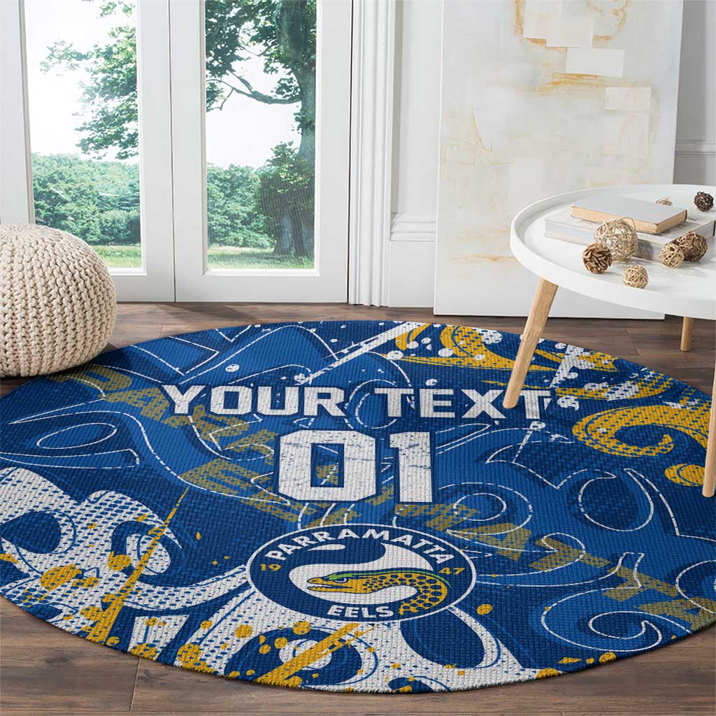 Personalized Parramatta Eels Rugby Round Carpet Urban Street Graffiti Style - Distressed Splatter Elements