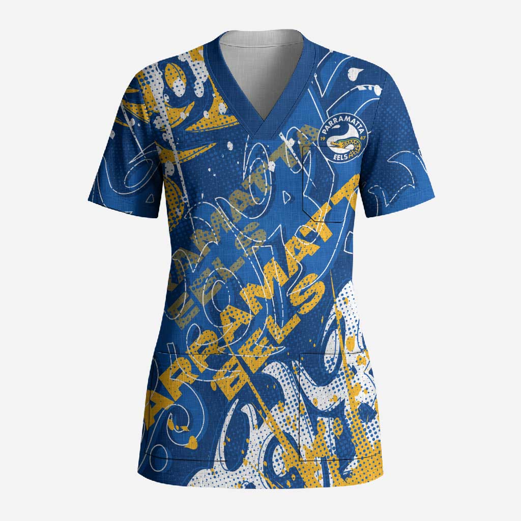 Personalized Parramatta Eels Rugby Scrub Top Urban Street Graffiti Style - Distressed Splatter Elements