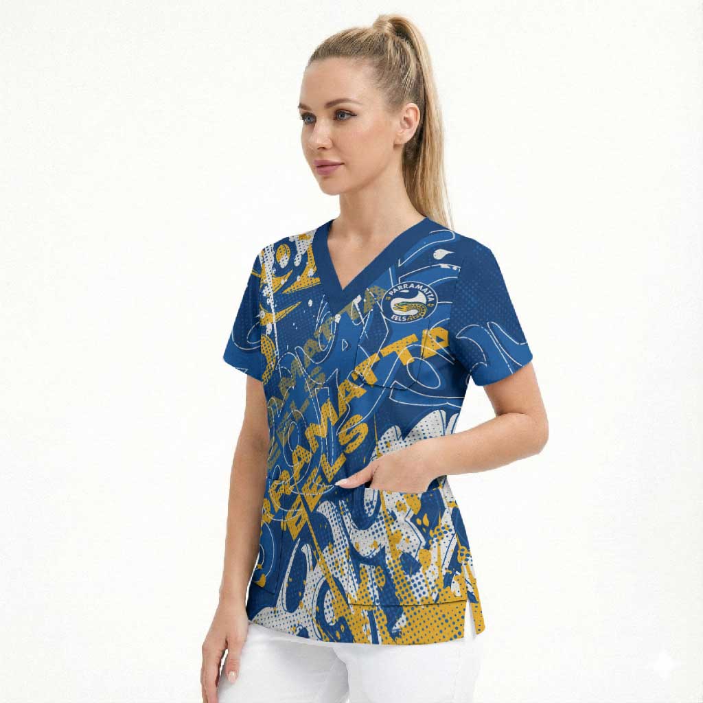 Personalized Parramatta Eels Rugby Scrub Top Urban Street Graffiti Style - Distressed Splatter Elements