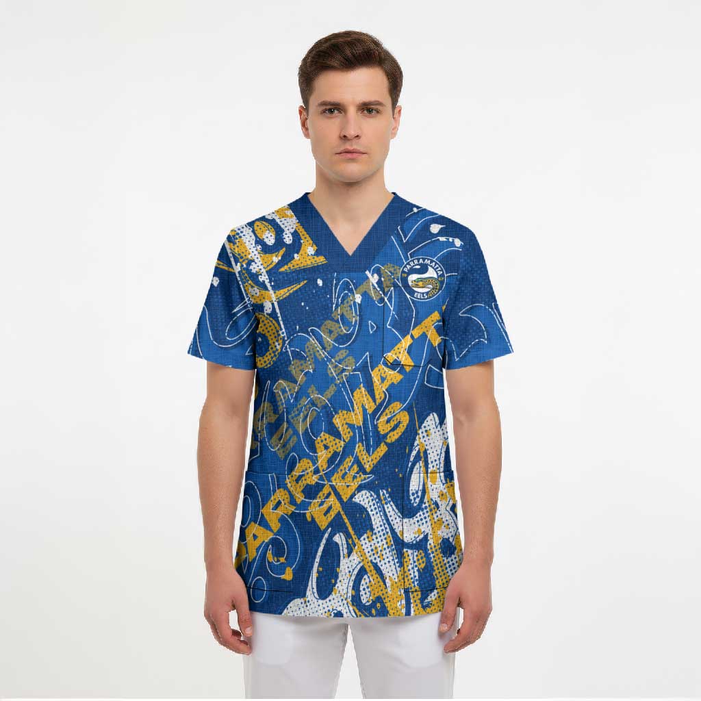 Personalized Parramatta Eels Rugby Scrub Top Urban Street Graffiti Style - Distressed Splatter Elements