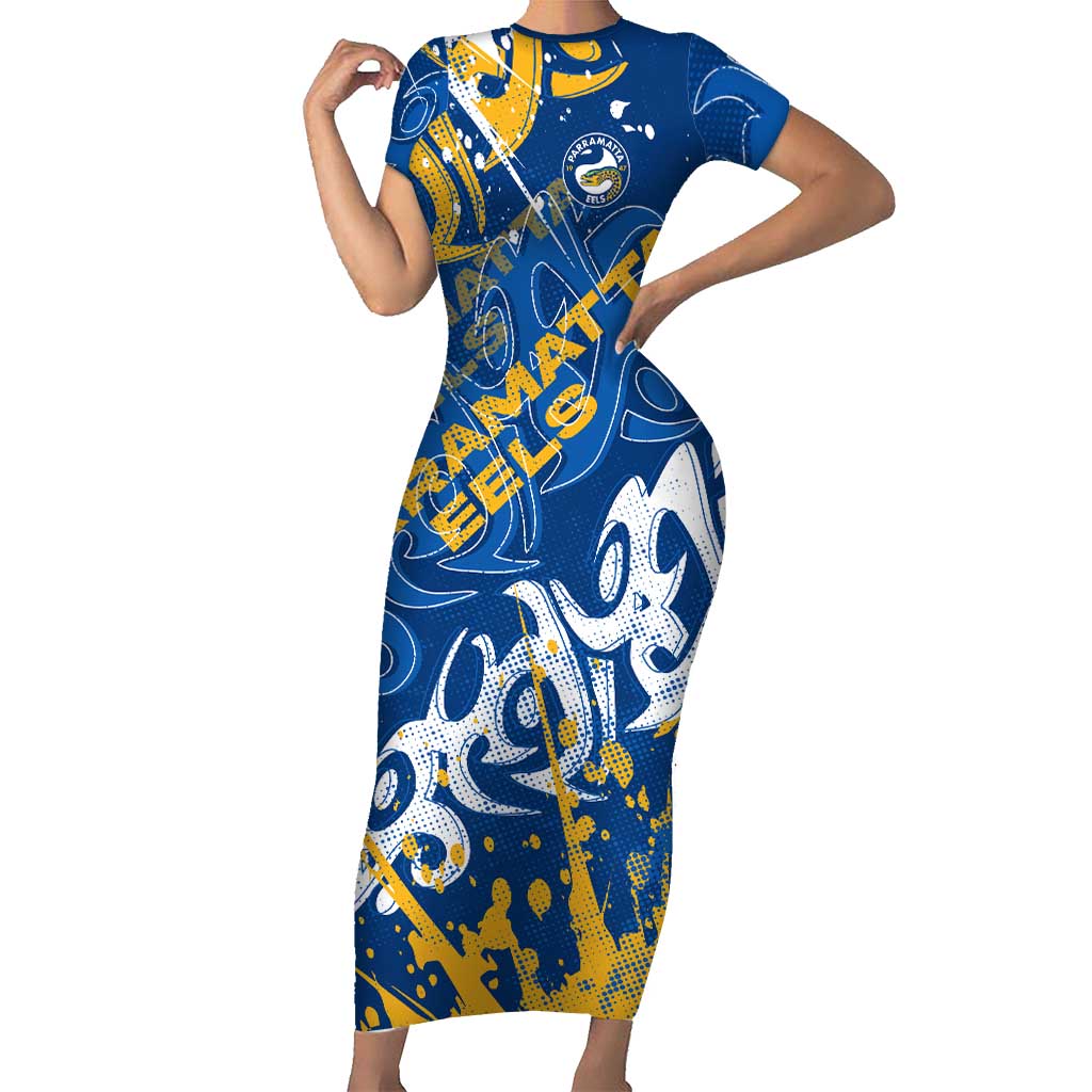 Personalized Parramatta Eels Rugby Short Sleeve Bodycon Dress Urban Street Graffiti Style - Distressed Splatter Elements