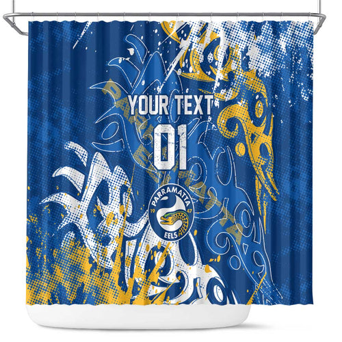 Personalized Parramatta Eels Rugby Shower Curtain Urban Street Graffiti Style - Distressed Splatter Elements