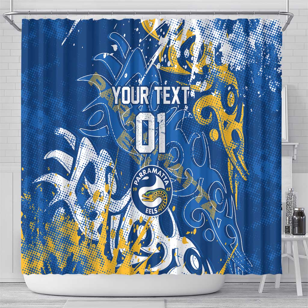 Personalized Parramatta Eels Rugby Shower Curtain Urban Street Graffiti Style - Distressed Splatter Elements