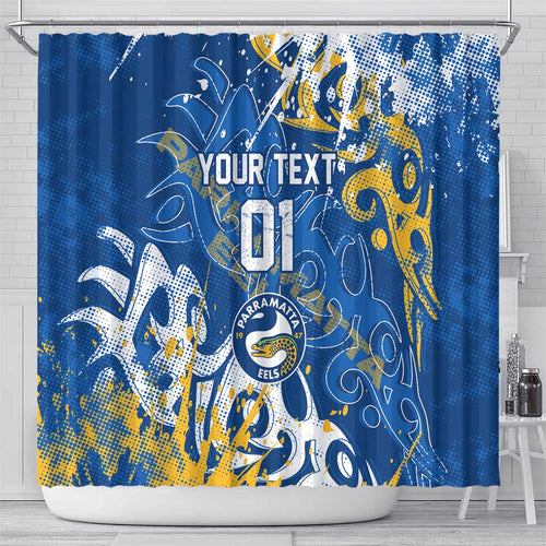 Personalized Parramatta Eels Rugby Shower Curtain Urban Street Graffiti Style - Distressed Splatter Elements