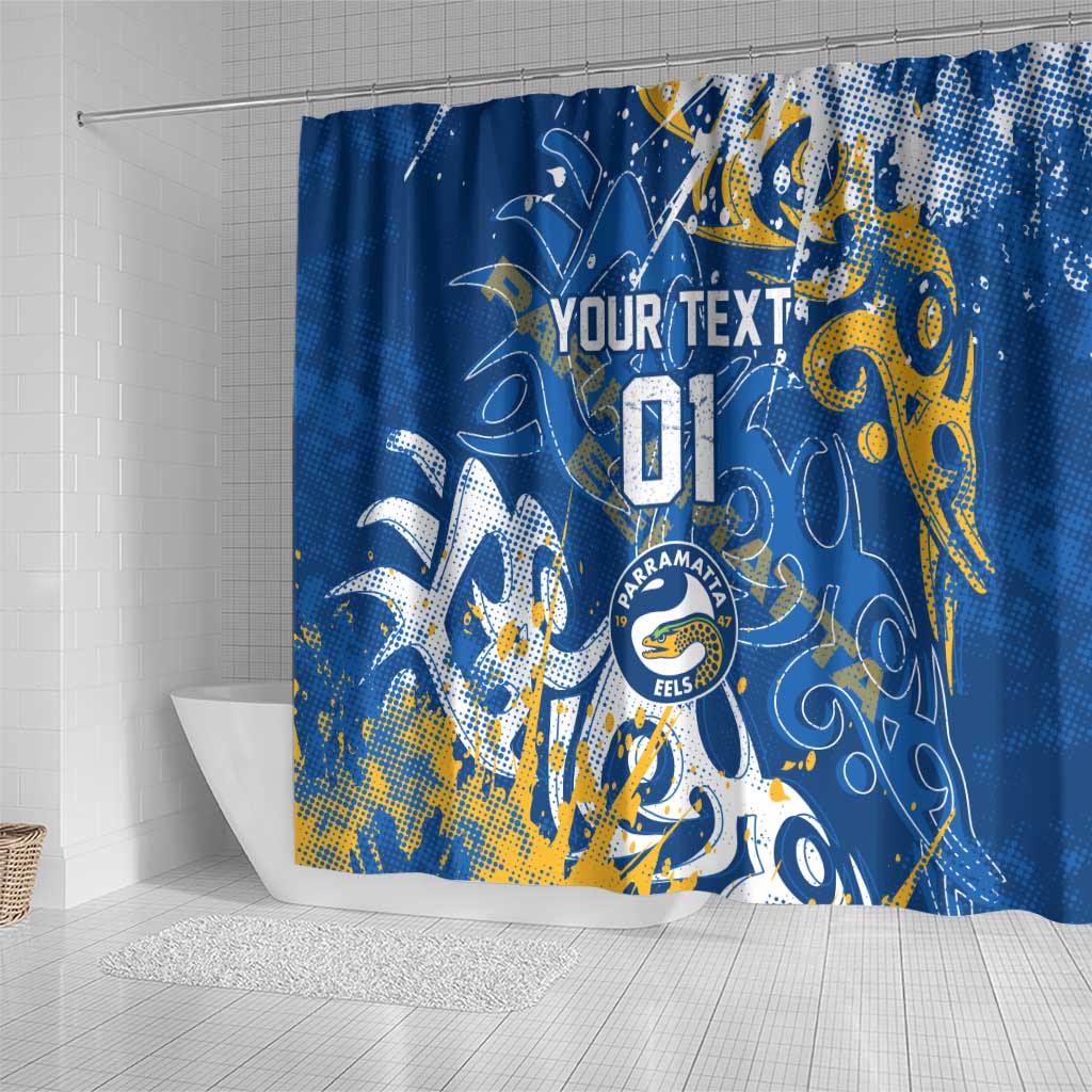 Personalized Parramatta Eels Rugby Shower Curtain Urban Street Graffiti Style - Distressed Splatter Elements