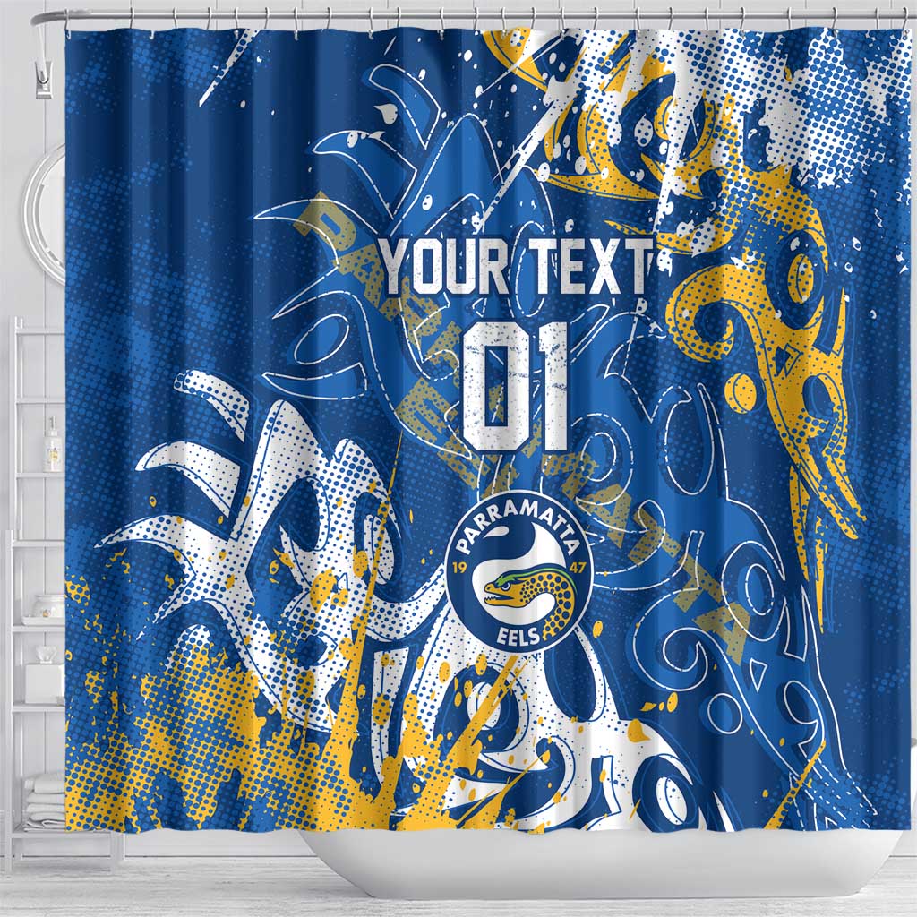 Personalized Parramatta Eels Rugby Shower Curtain Urban Street Graffiti Style - Distressed Splatter Elements