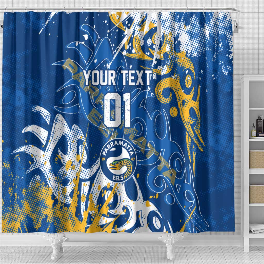 Personalized Parramatta Eels Rugby Shower Curtain Urban Street Graffiti Style - Distressed Splatter Elements