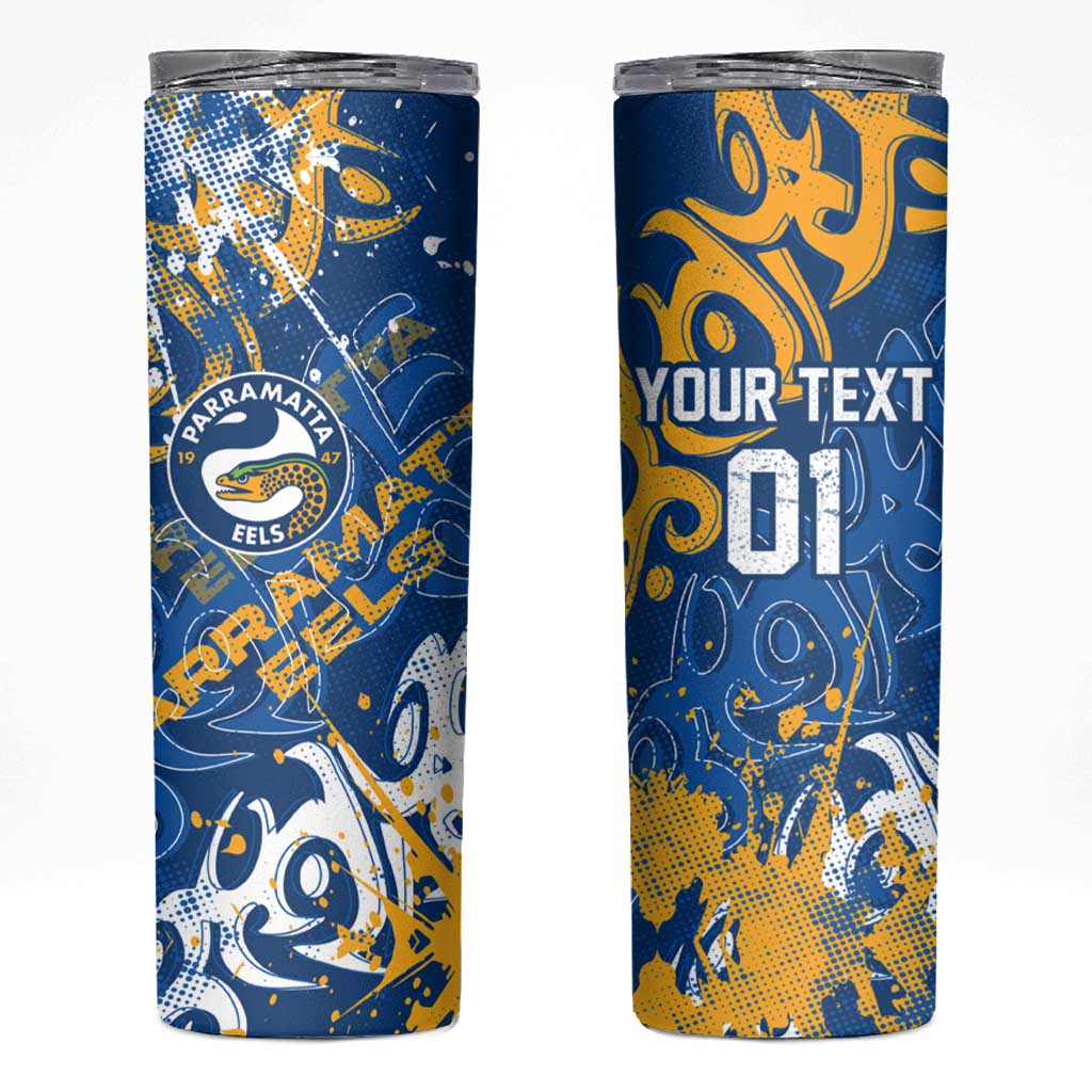 Personalized Parramatta Eels Rugby Skinny Tumbler Urban Street Graffiti Style - Distressed Splatter Elements
