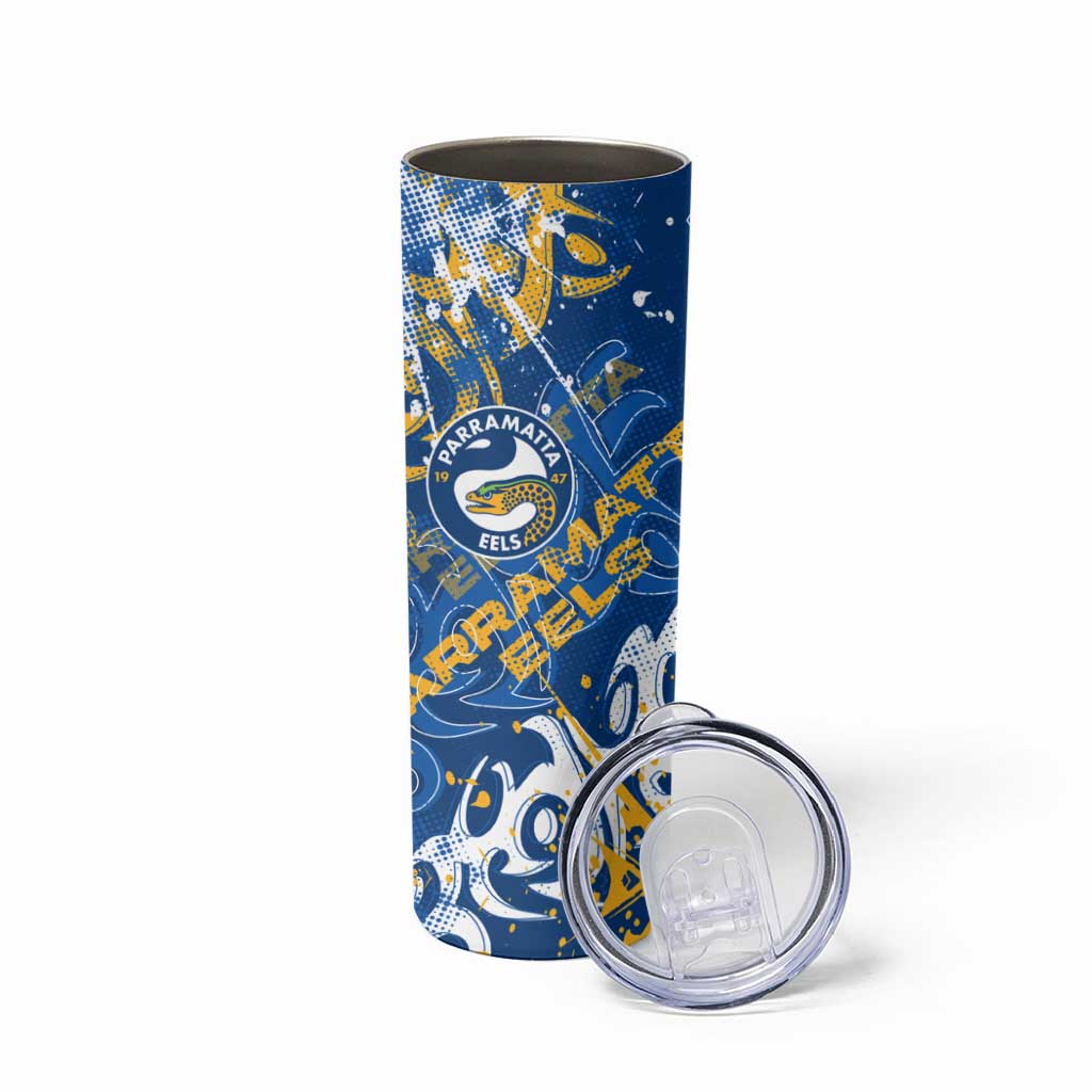 Personalized Parramatta Eels Rugby Skinny Tumbler Urban Street Graffiti Style - Distressed Splatter Elements