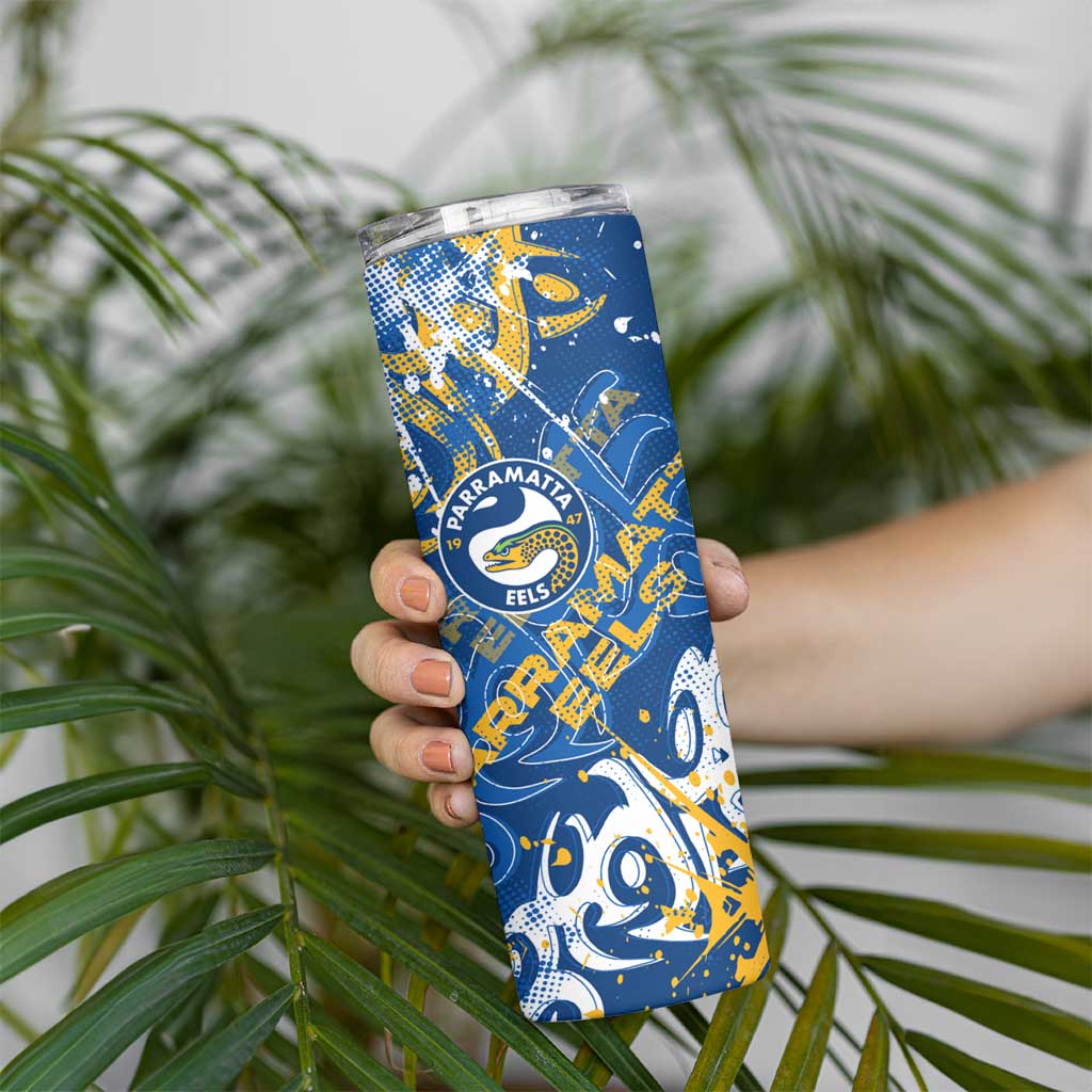Personalized Parramatta Eels Rugby Skinny Tumbler Urban Street Graffiti Style - Distressed Splatter Elements