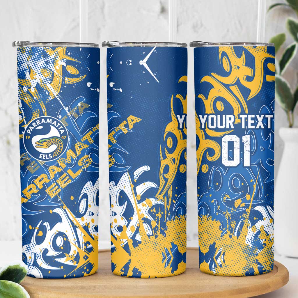 Personalized Parramatta Eels Rugby Skinny Tumbler Urban Street Graffiti Style - Distressed Splatter Elements