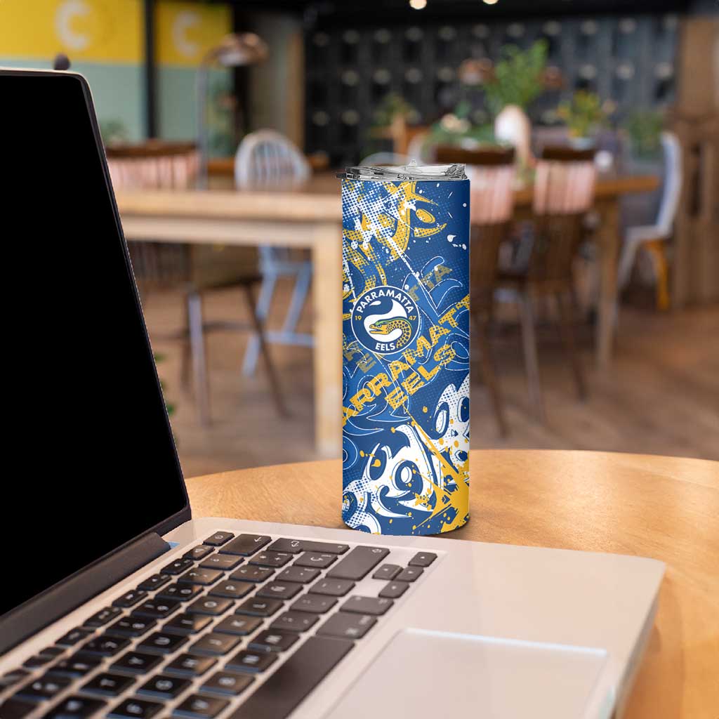 Personalized Parramatta Eels Rugby Skinny Tumbler Urban Street Graffiti Style - Distressed Splatter Elements