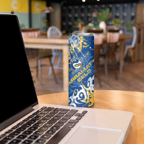 Personalized Parramatta Eels Rugby Skinny Tumbler Urban Street Graffiti Style - Distressed Splatter Elements