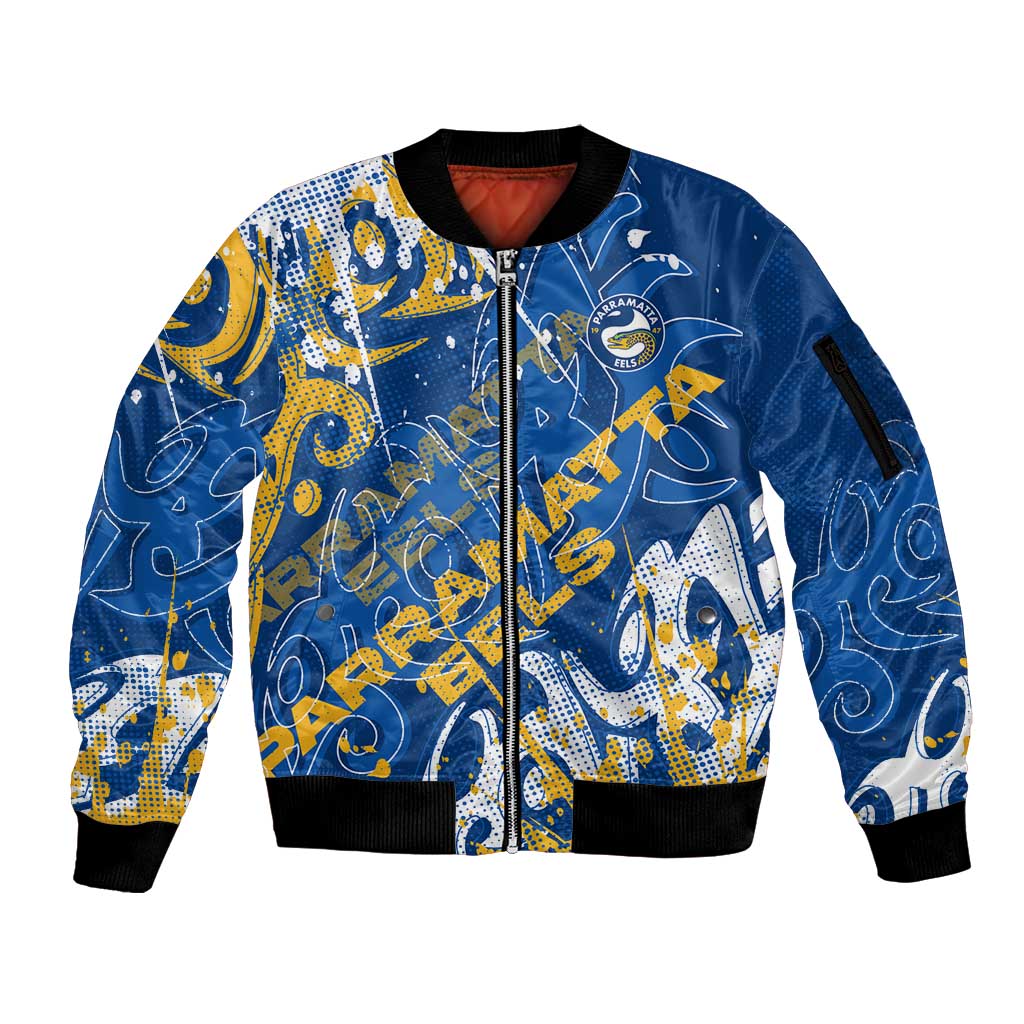 Personalized Parramatta Eels Rugby Sleeve Zip Bomber Jacket Urban Street Graffiti Style - Distressed Splatter Elements