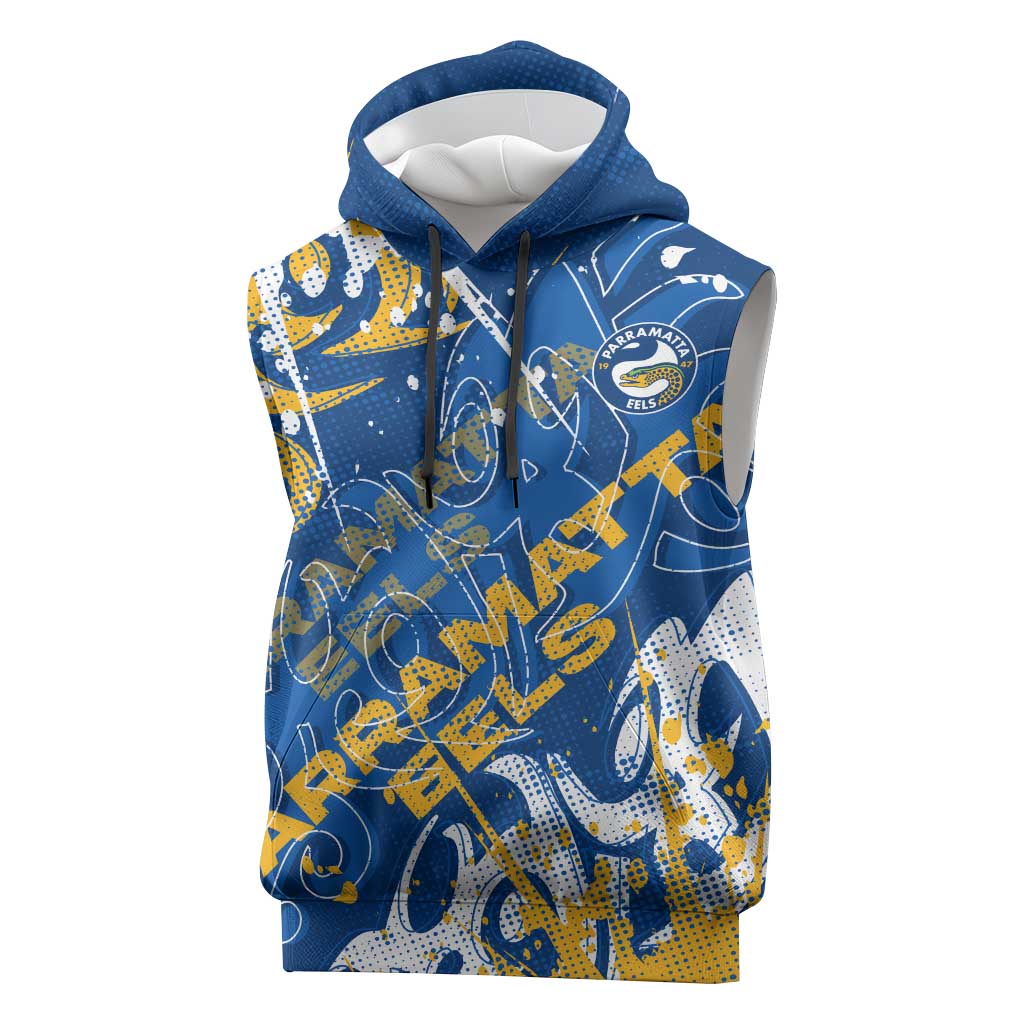 Personalized Parramatta Eels Rugby Sleeveless Hoodie Urban Street Graffiti Style - Distressed Splatter Elements