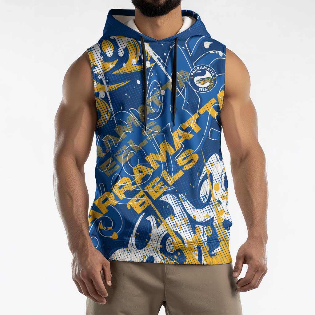 Personalized Parramatta Eels Rugby Sleeveless Hoodie Urban Street Graffiti Style - Distressed Splatter Elements