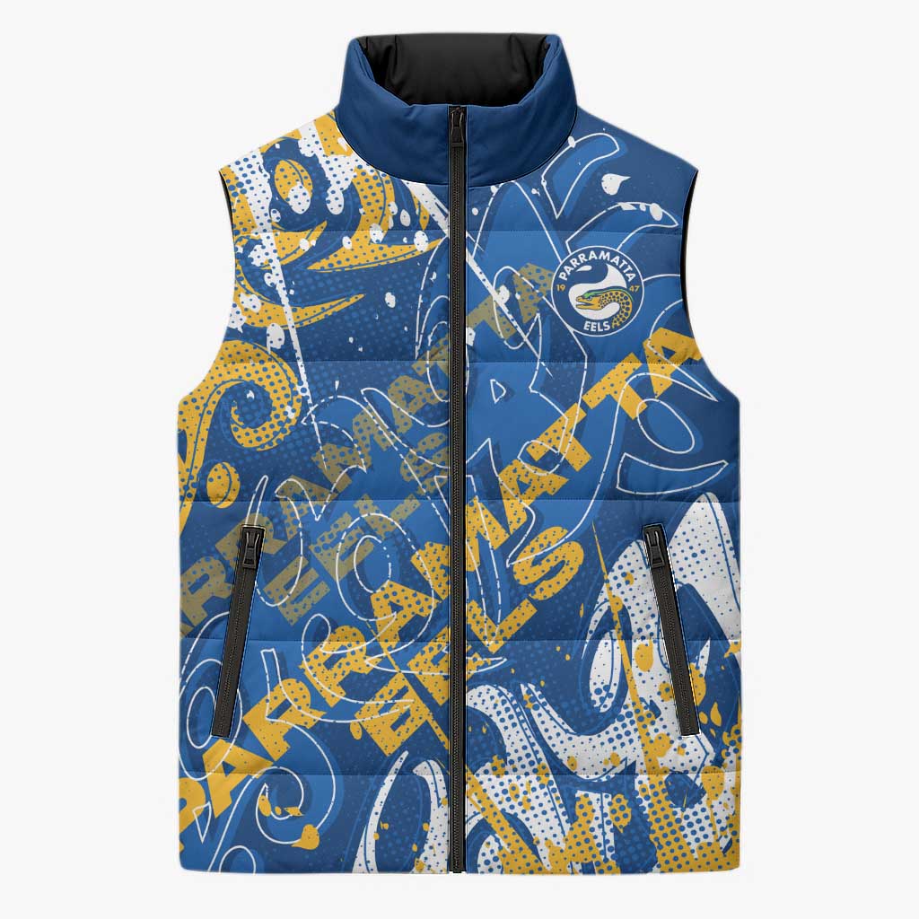 Personalized Parramatta Eels Rugby Sleeveless Puffer Jacket Urban Street Graffiti Style - Distressed Splatter Elements