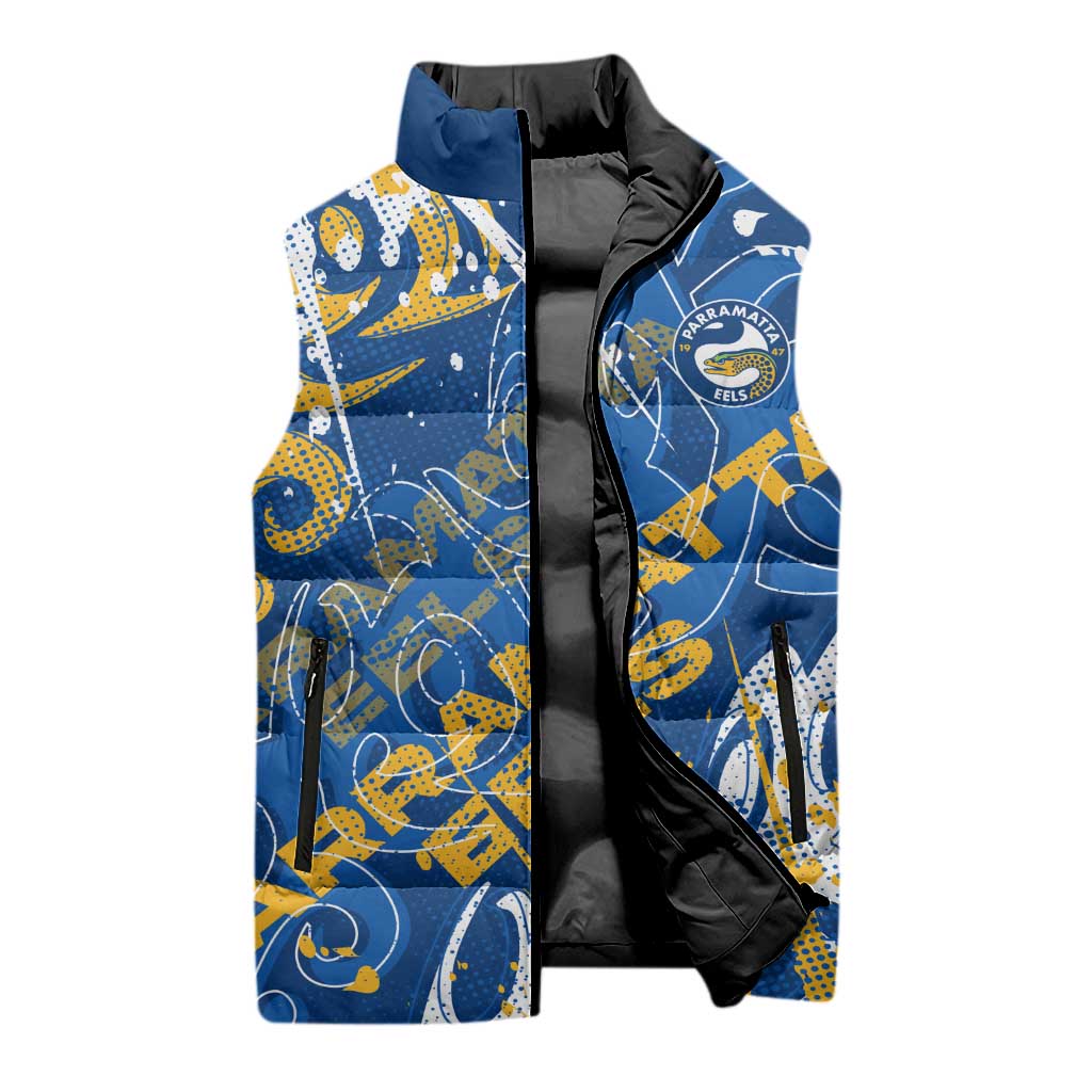 Personalized Parramatta Eels Rugby Sleeveless Puffer Jacket Urban Street Graffiti Style - Distressed Splatter Elements