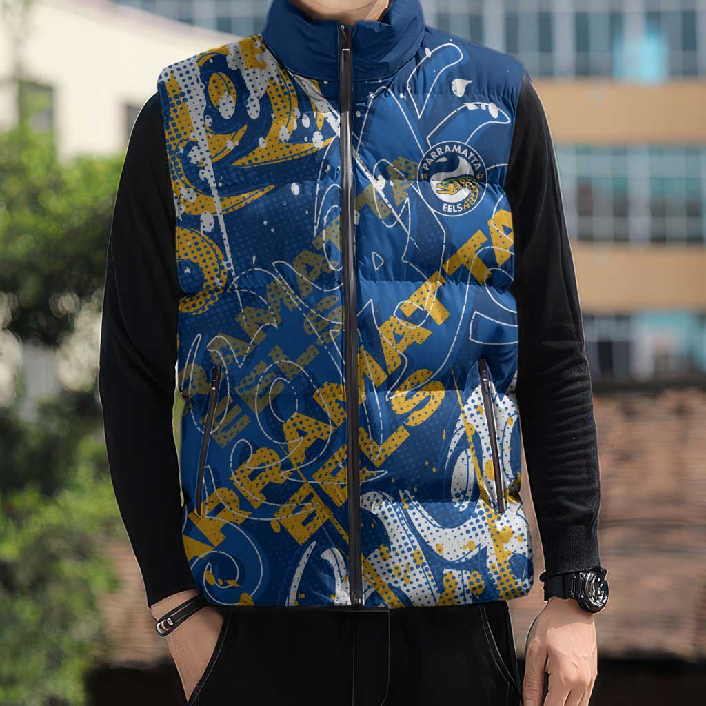 Personalized Parramatta Eels Rugby Sleeveless Puffer Jacket Urban Street Graffiti Style - Distressed Splatter Elements