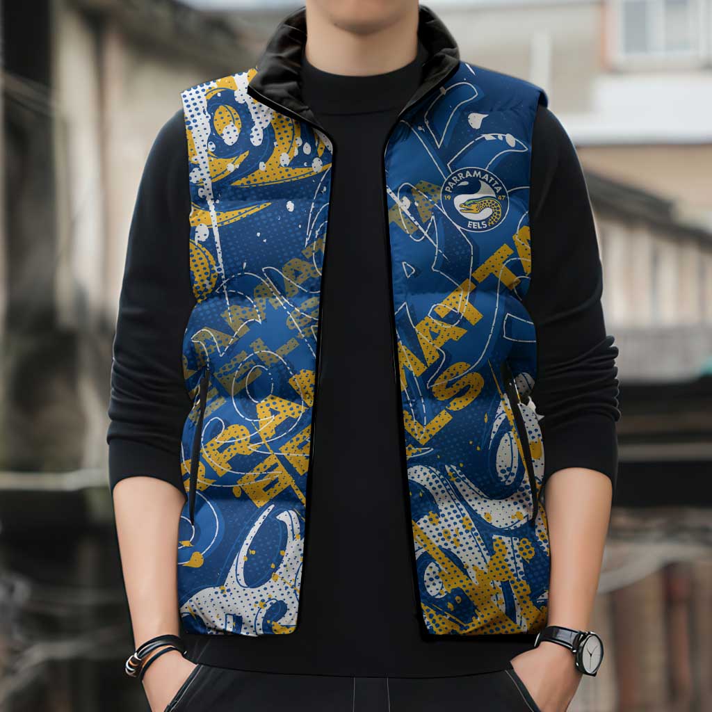 Personalized Parramatta Eels Rugby Sleeveless Puffer Jacket Urban Street Graffiti Style - Distressed Splatter Elements