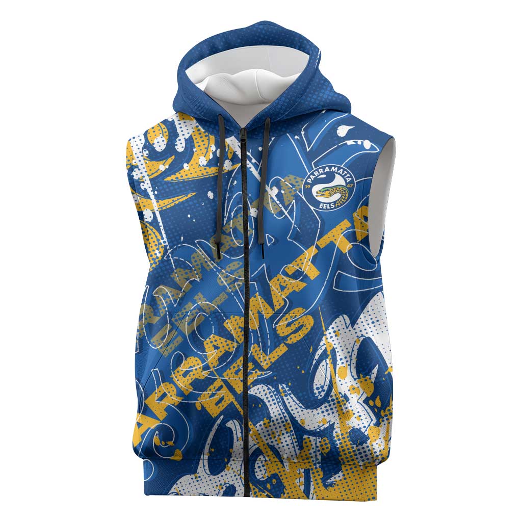 Personalized Parramatta Eels Rugby Sleeveless Zip Hoodie Urban Street Graffiti Style - Distressed Splatter Elements