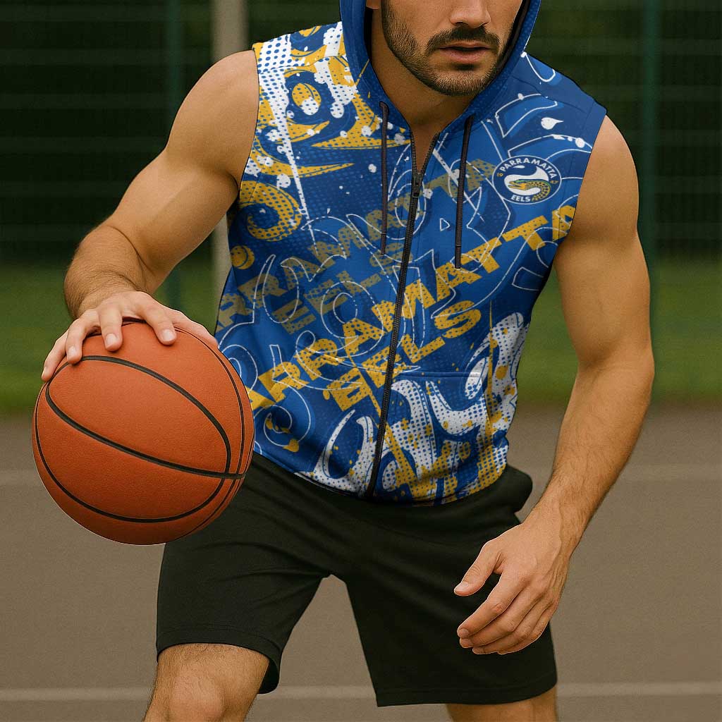 Personalized Parramatta Eels Rugby Sleeveless Zip Hoodie Urban Street Graffiti Style - Distressed Splatter Elements