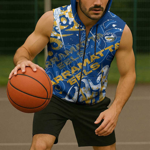 Personalized Parramatta Eels Rugby Sleeveless Zip Hoodie Urban Street Graffiti Style - Distressed Splatter Elements