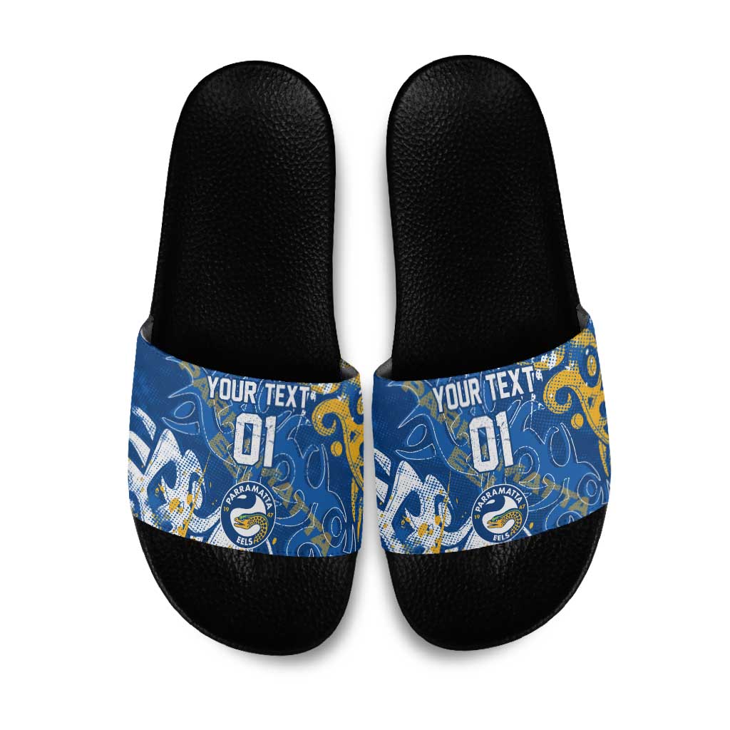 Personalized Parramatta Eels Rugby Slide Sandals Urban Street Graffiti Style - Distressed Splatter Elements