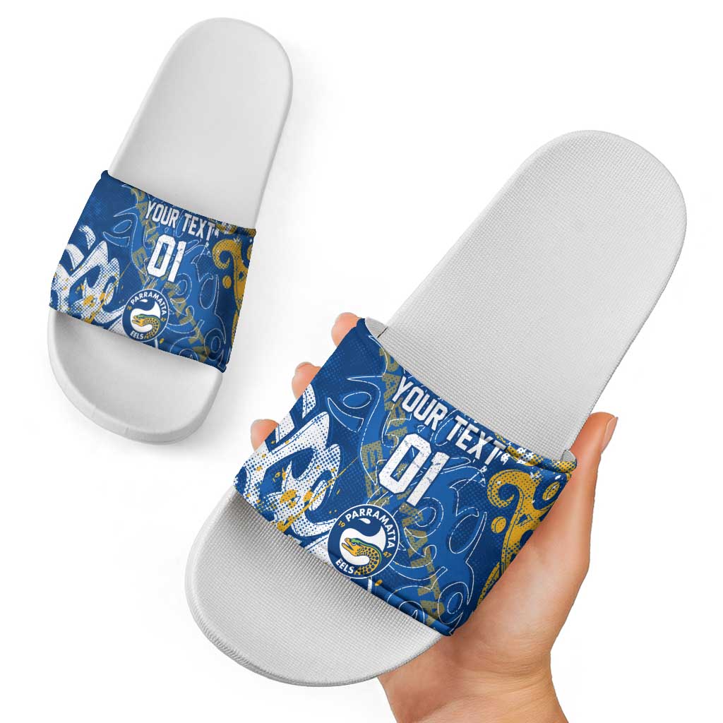 Personalized Parramatta Eels Rugby Slide Sandals Urban Street Graffiti Style - Distressed Splatter Elements