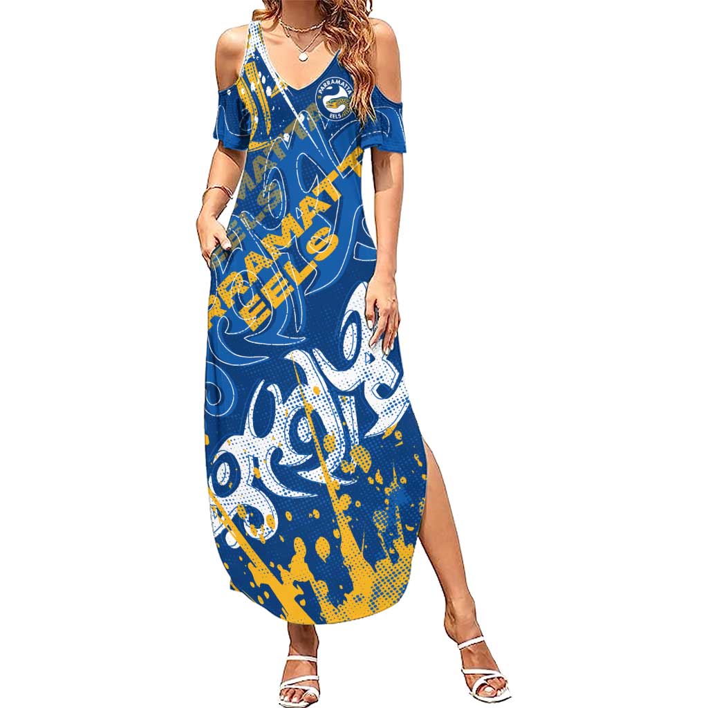 Personalized Parramatta Eels Rugby Summer Maxi Dress Urban Street Graffiti Style - Distressed Splatter Elements