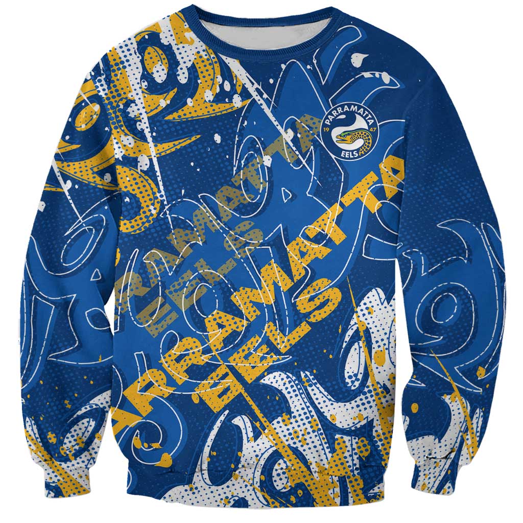 Personalized Parramatta Eels Rugby Sweatshirt Urban Street Graffiti Style - Distressed Splatter Elements