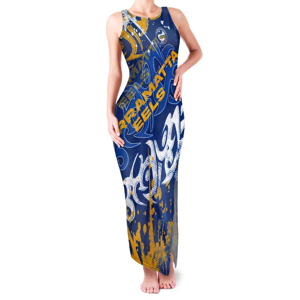 Personalized Parramatta Eels Rugby Tank Maxi Dress Urban Street Graffiti Style - Distressed Splatter Elements