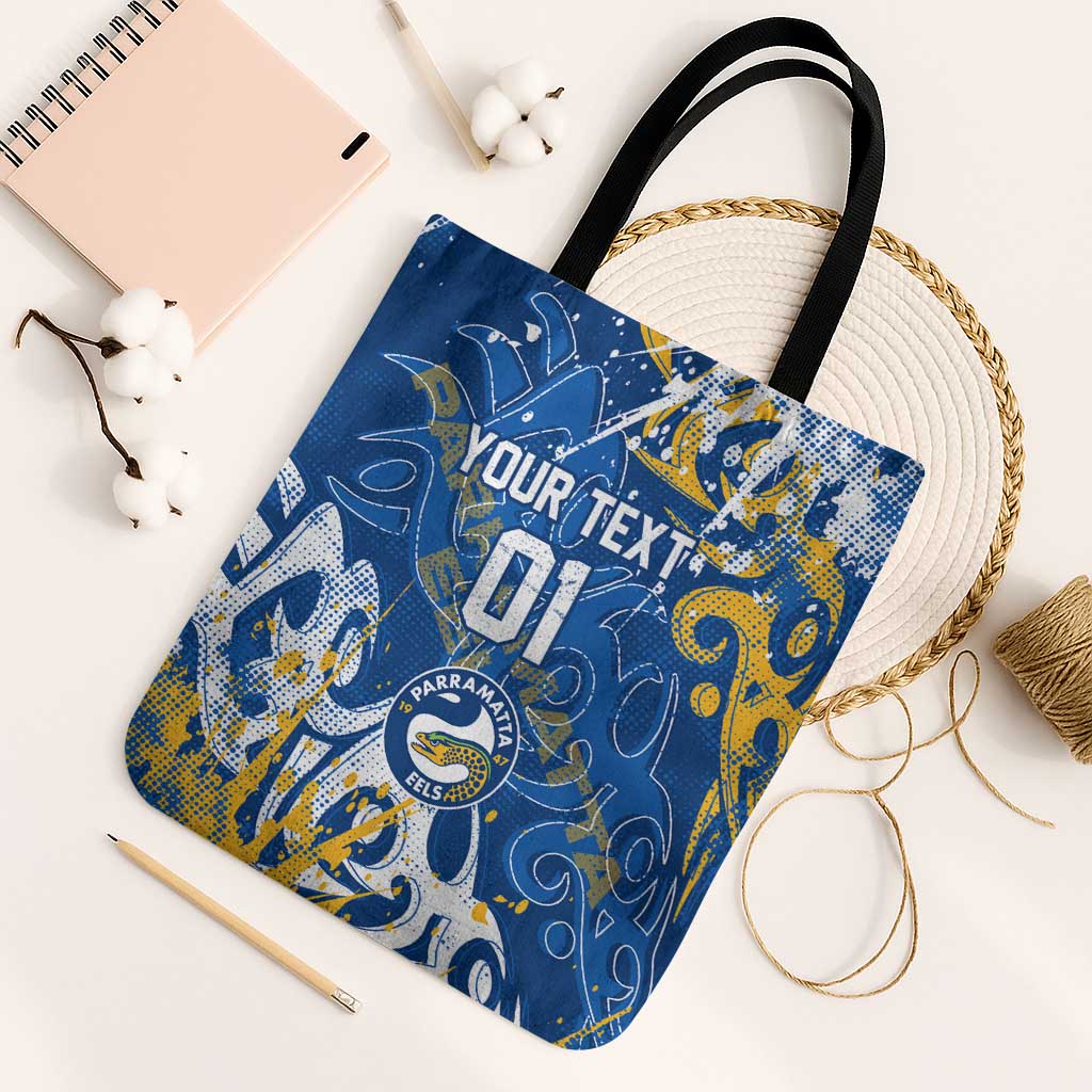 Personalized Parramatta Eels Rugby Tote Bag Urban Street Graffiti Style - Distressed Splatter Elements