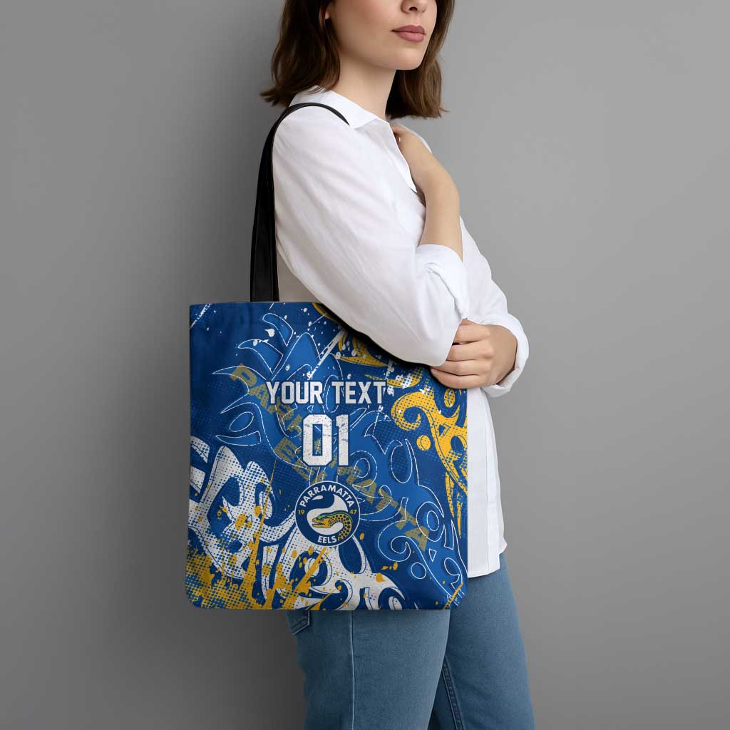 Personalized Parramatta Eels Rugby Tote Bag Urban Street Graffiti Style - Distressed Splatter Elements