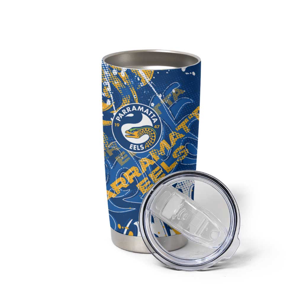 Personalized Parramatta Eels Rugby Tumbler Cup Urban Street Graffiti Style - Distressed Splatter Elements