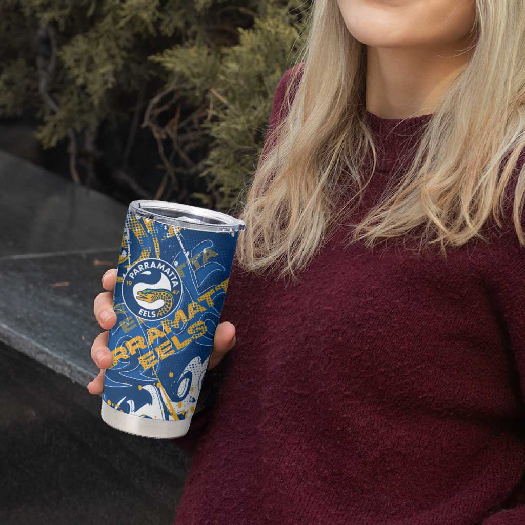 Personalized Parramatta Eels Rugby Tumbler Cup Urban Street Graffiti Style - Distressed Splatter Elements