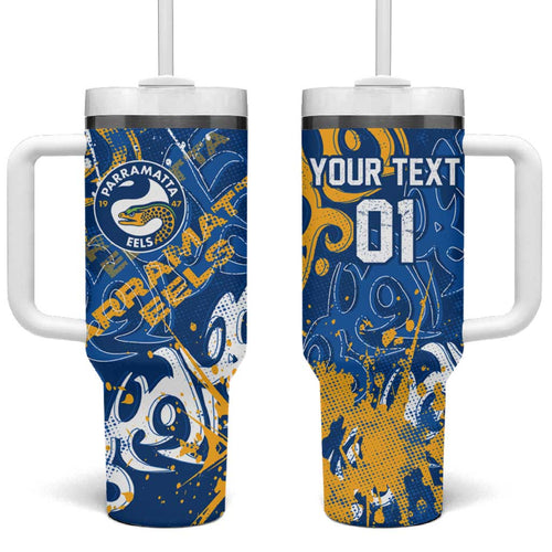 Personalized Parramatta Eels Rugby Tumbler With Handle Urban Street Graffiti Style - Distressed Splatter Elements