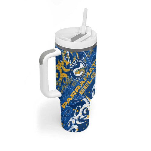 Personalized Parramatta Eels Rugby Tumbler With Handle Urban Street Graffiti Style - Distressed Splatter Elements