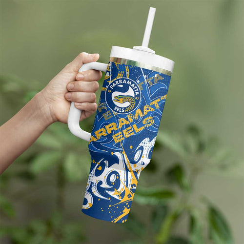 Personalized Parramatta Eels Rugby Tumbler With Handle Urban Street Graffiti Style - Distressed Splatter Elements