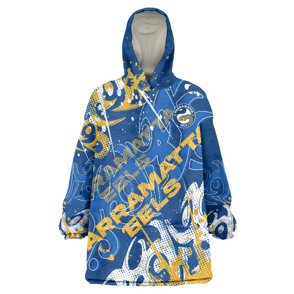 Personalized Parramatta Eels Rugby Wearable Blanket Hoodie Urban Street Graffiti Style - Distressed Splatter Elements