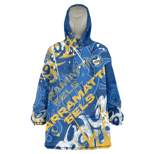 Personalized Parramatta Eels Rugby Wearable Blanket Hoodie Urban Street Graffiti Style - Distressed Splatter Elements