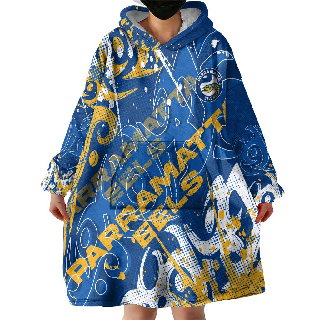 Personalized Parramatta Eels Rugby Wearable Blanket Hoodie Urban Street Graffiti Style - Distressed Splatter Elements