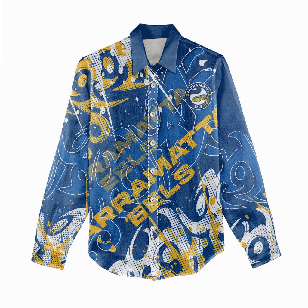 Personalized Parramatta Eels Rugby Women Casual Shirt Urban Street Graffiti Style - Distressed Splatter Elements
