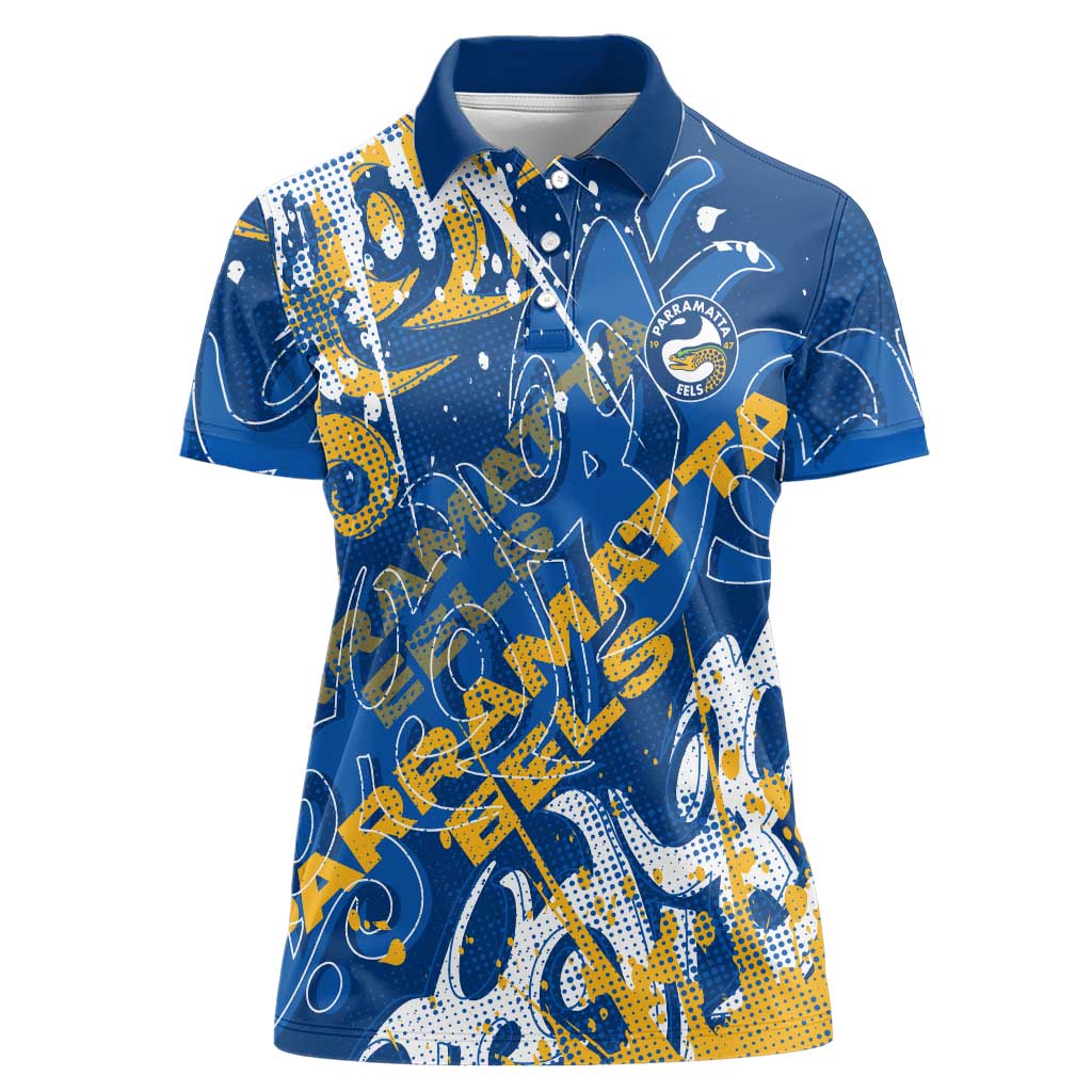 Personalized Parramatta Eels Rugby Women Polo Shirt Urban Street Graffiti Style - Distressed Splatter Elements