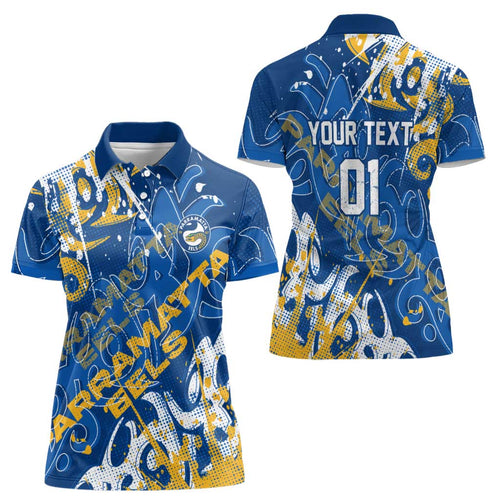 Personalized Parramatta Eels Rugby Women Polo Shirt Urban Street Graffiti Style - Distressed Splatter Elements